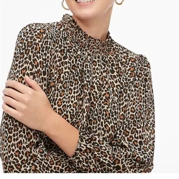 J Crew XS Leopard Print Smocked Long Sleeve Blouse Mock High Neck Modest - Picture 1 of 10